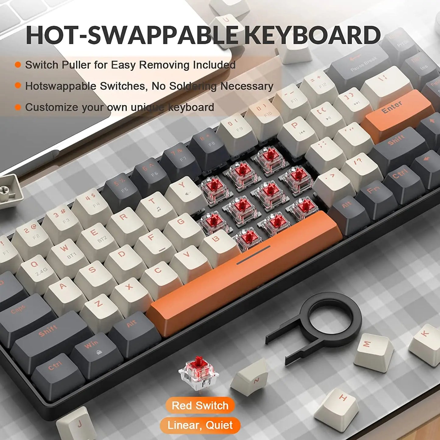 Teclado Mecânico Wireless 60% Ziyoulang – Dual Mode Bluetooth/USB, Hot-Swappable, 68 Teclas, Switch Vermelho, Para PC, PS4, Xbox, iPhone e iPad