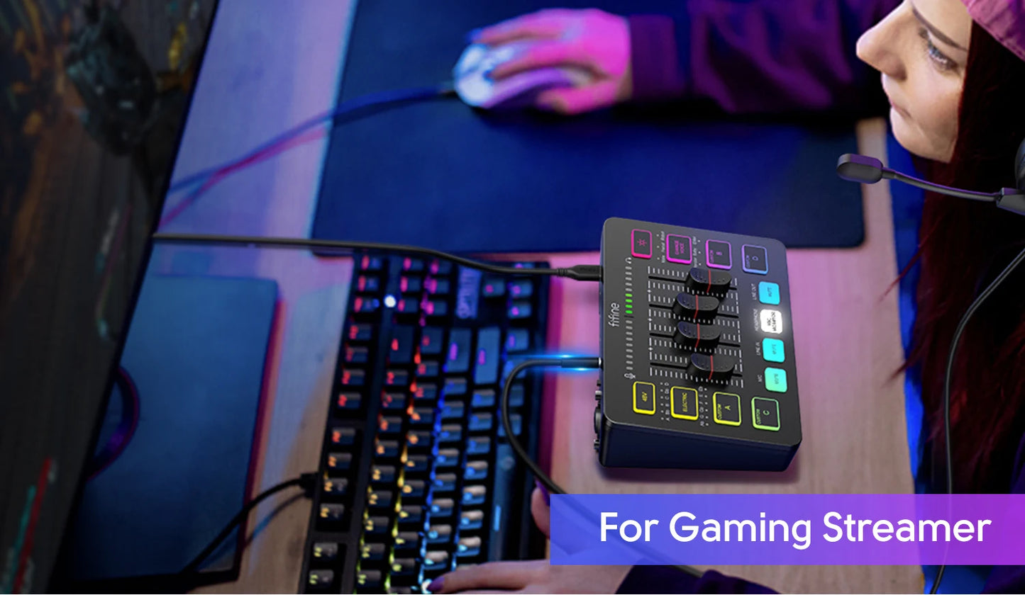 FIFINE Gaming Audio Mixer – AmpliGame SC3 | Mixer RGB 4 Canais para Streaming, Podcast e Game Voice!