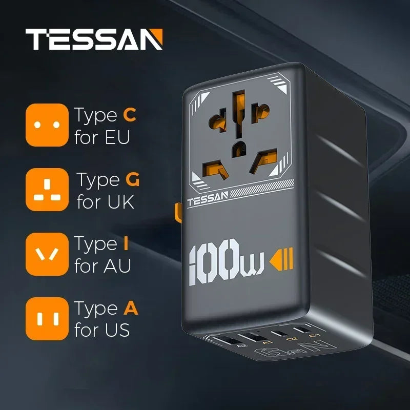TESSAN 100W GaN Universal Travel Adapter – Carregue com Facilidade em Qualquer Lugar!