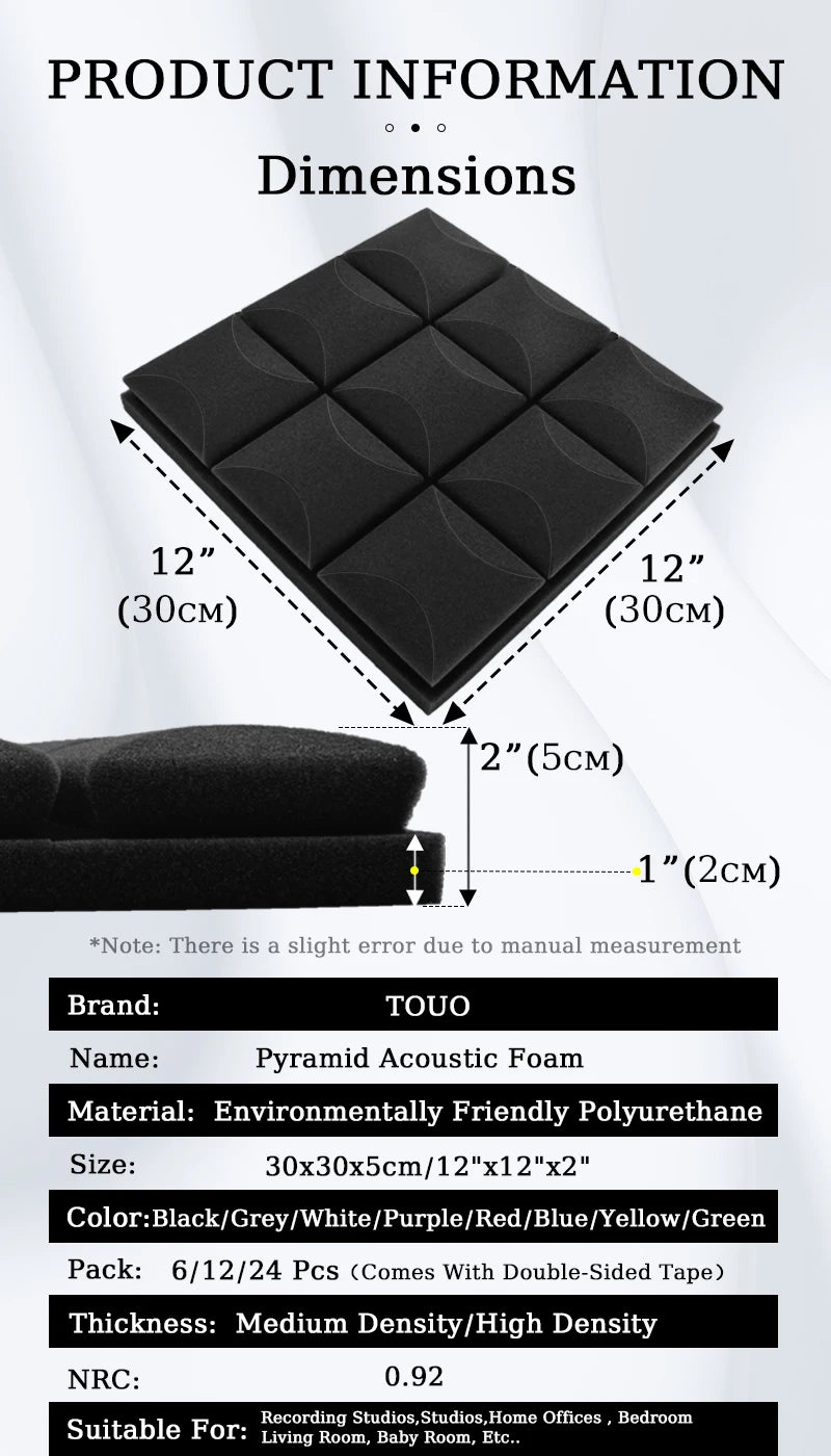 TOUO Studio Acoustic Foam Panels – Painéis de Espuma Acústica para Estúdios, Escritórios e Tratamento de Som
