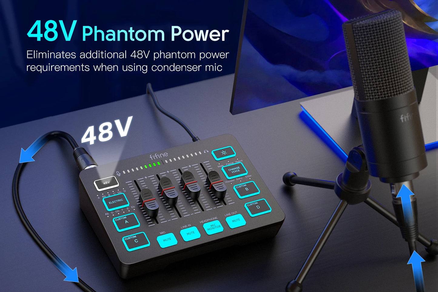FIFINE Gaming Audio Mixer – AmpliGame SC3 | Mixer RGB 4 Canais para Streaming, Podcast e Game Voice!