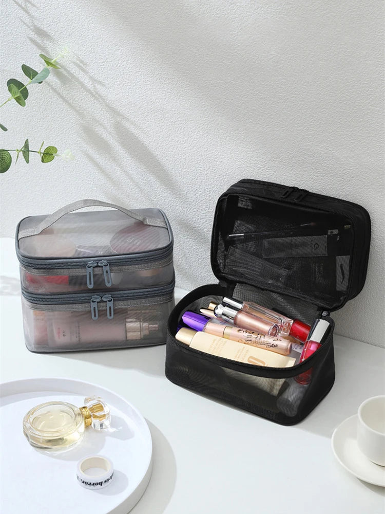 Double Layer Mesh Makeup Bag – Organização e Estilo em Cada Detalhe