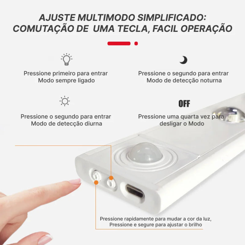 Luminária LED com Sensor de Movimento 3 Cores – Recarregável USB para Cozinha e Armários