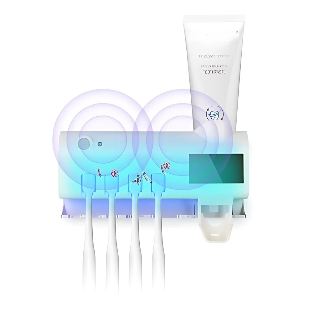 Suporte Automático para Escova de Dentes com Esterilizador UV e Aplicador de Pasta!