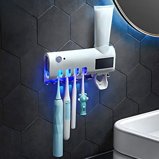 Suporte Automático para Escova de Dentes com Esterilizador UV e Aplicador de Pasta!
