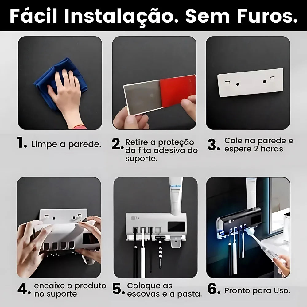 Suporte Automático para Escova de Dentes com Esterilizador UV e Aplicador de Pasta!