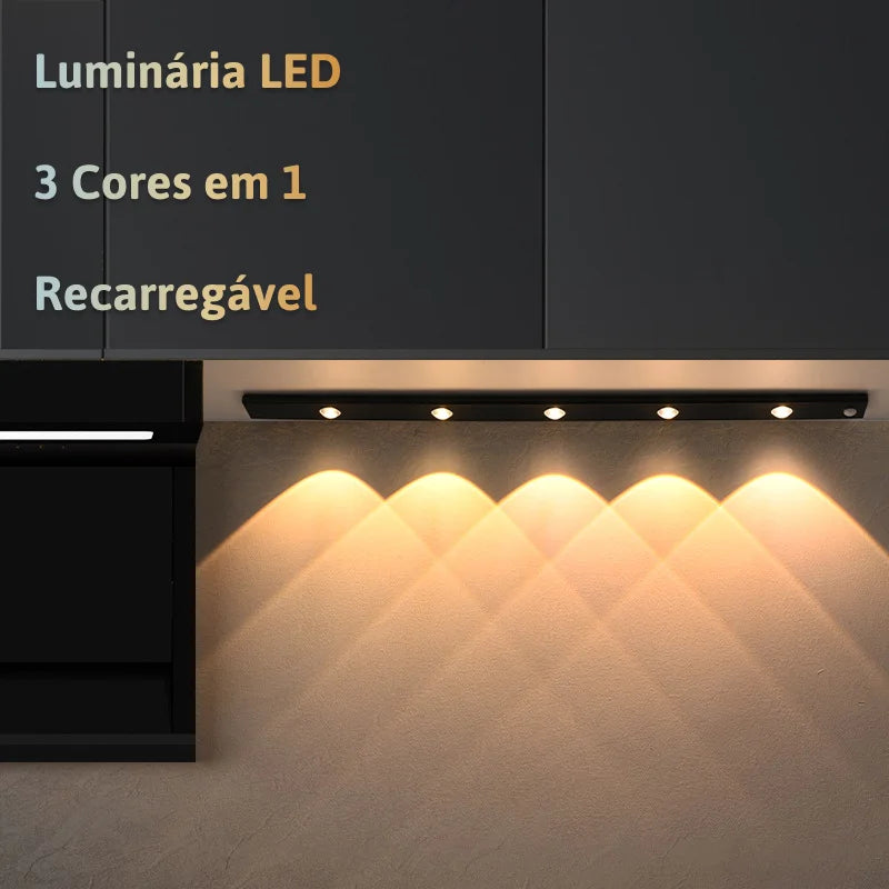 Luminária LED com Sensor de Movimento 3 Cores – Recarregável USB para Cozinha e Armários