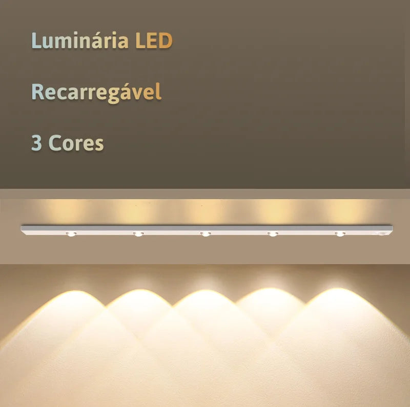 Luminária LED com Sensor de Movimento 3 Cores – Recarregável USB para Cozinha e Armários