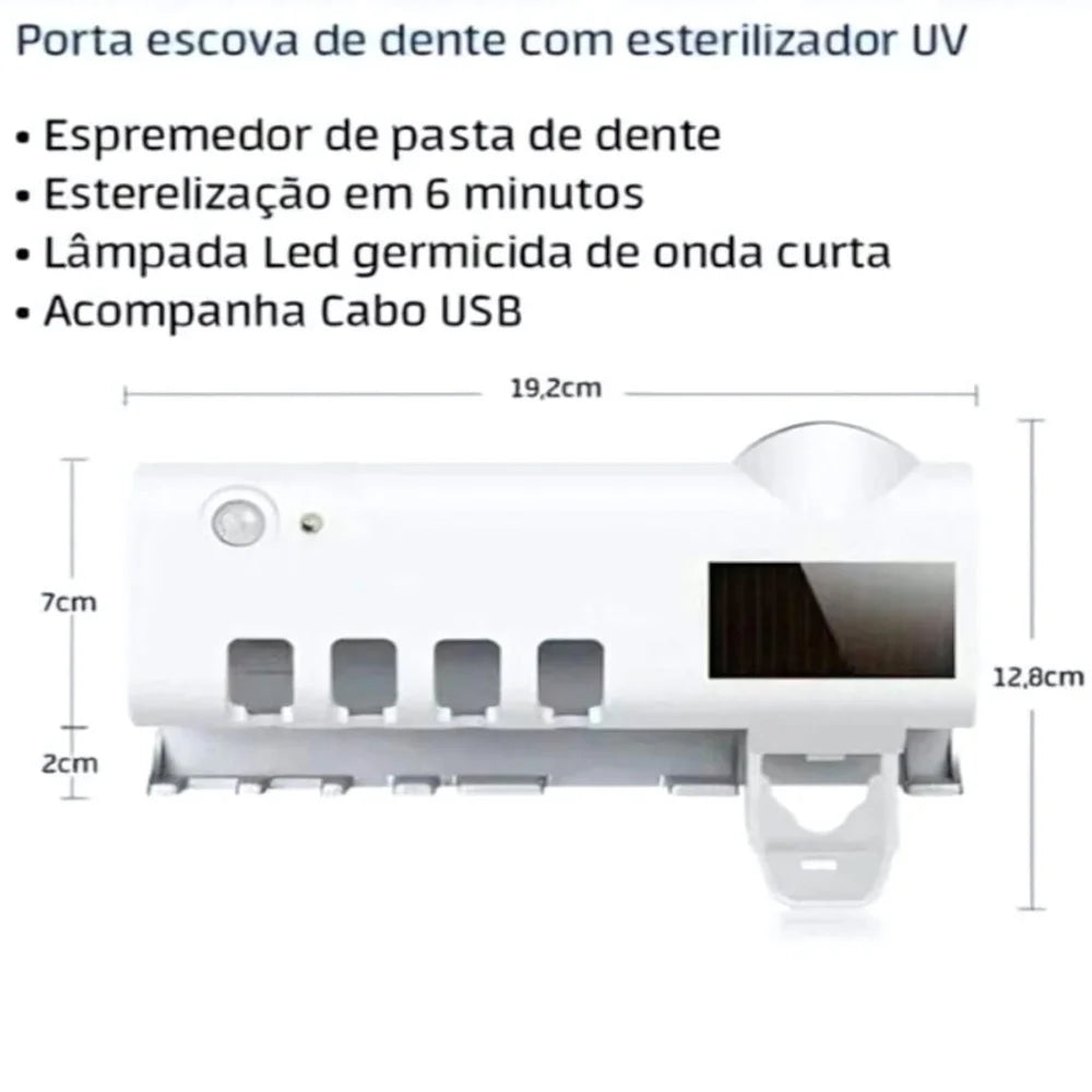 Suporte Automático para Escova de Dentes com Esterilizador UV e Aplicador de Pasta!