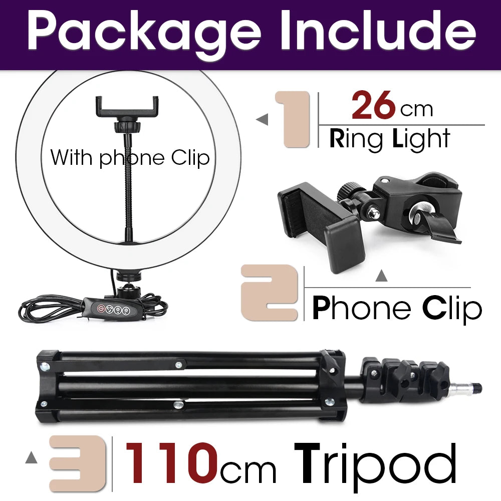 Ring Light LED Lamp com Tripé – Iluminação Profissional para Fotos e Vídeos