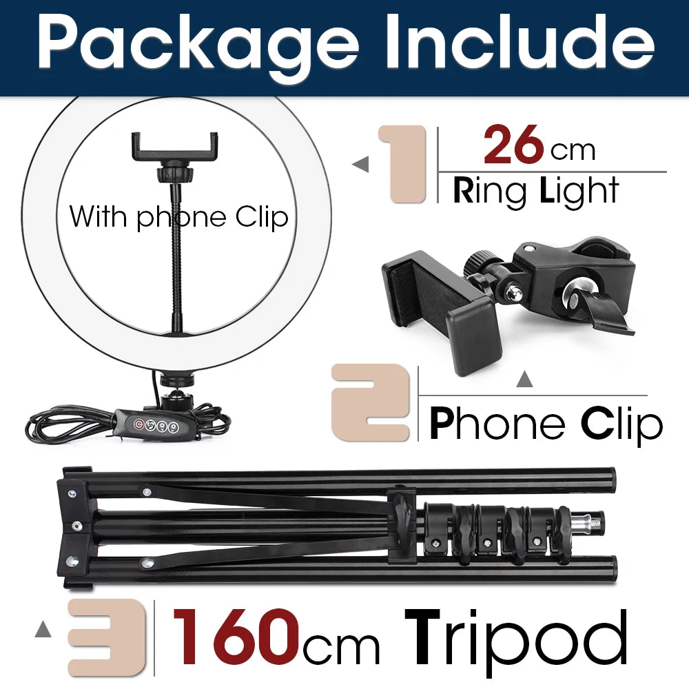 Ring Light LED Lamp com Tripé – Iluminação Profissional para Fotos e Vídeos