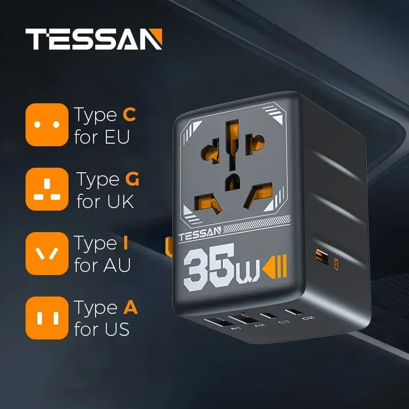TESSAN 100W GaN Universal Travel Adapter – Carregue com Facilidade em Qualquer Lugar!
