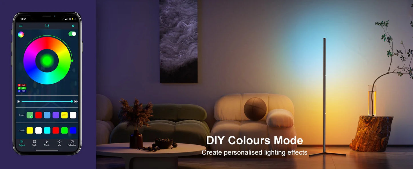 Lâmpada de Chão RGB Dream Color com Sincronização Musical – Mudança de Cor com 16 Milhões de Opções para Quarto e Sala de Estar