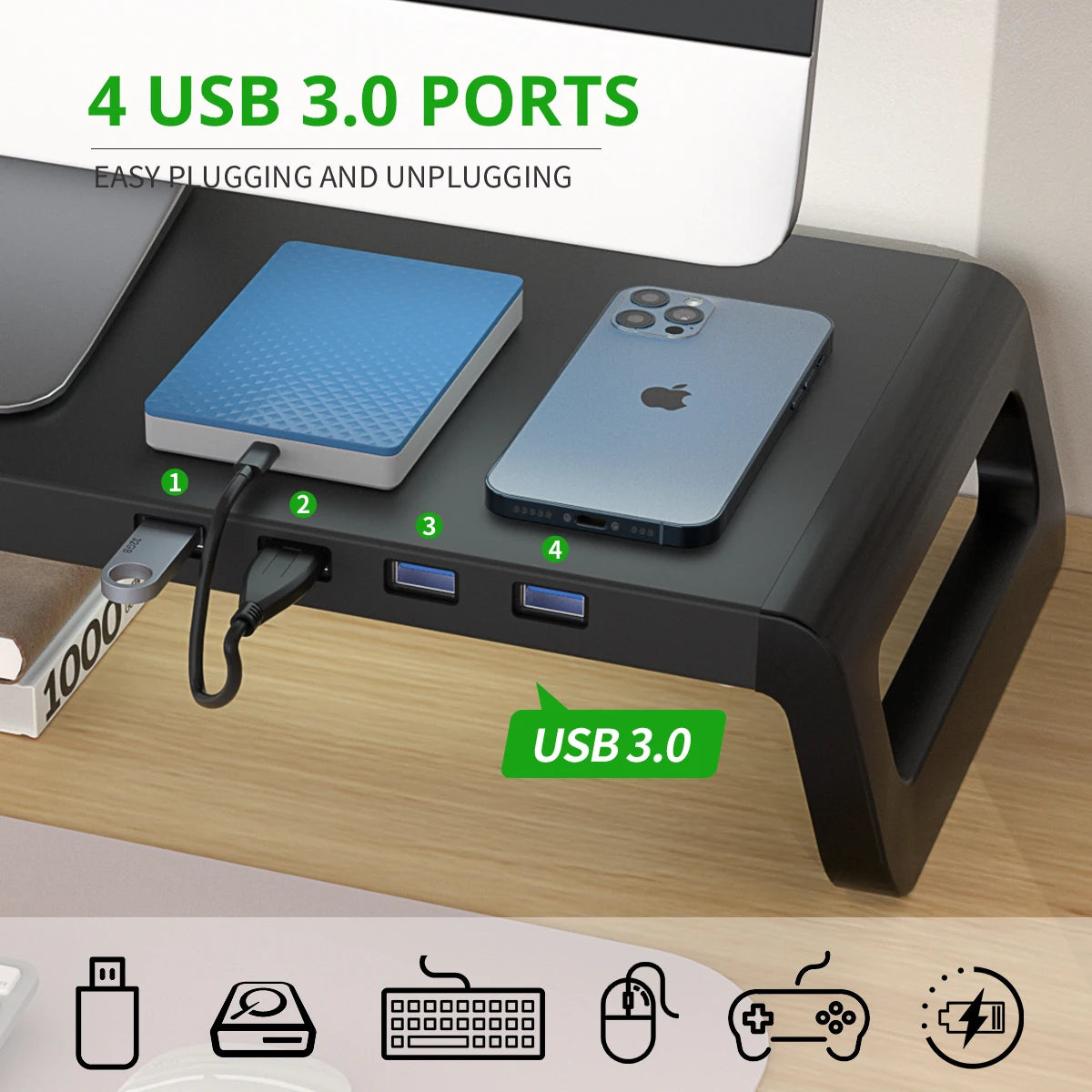 Suporte para Monitor com ou sem Hub USB 3.0 – Elevação Ergonômica e Organização para Desktop