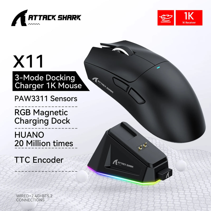 Mouse Gamer Attack Shark X11 Wireless - Conexão Tri-Mode 2.4GHz/Wired/Bluetooth PAW3311 22000DPI RGB para PC