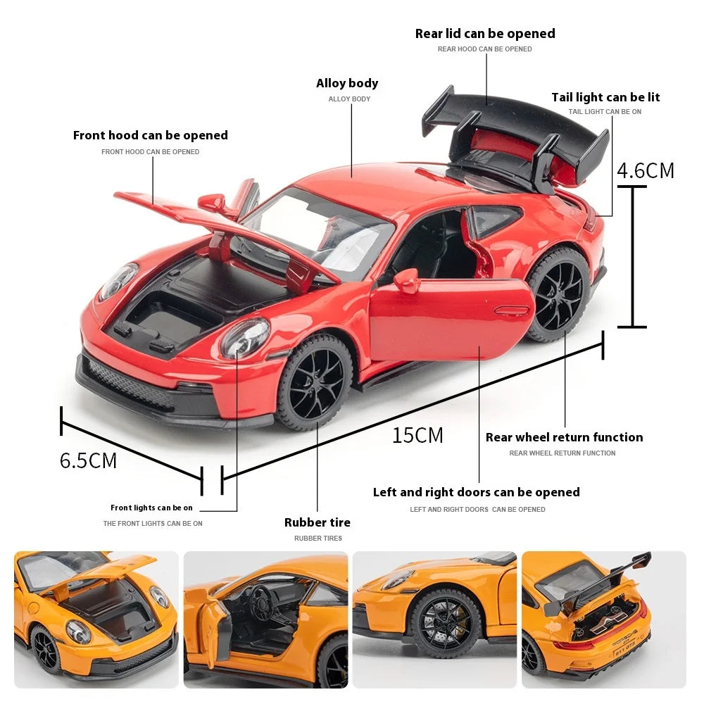 🏎️ Miniatura Porsche 911 GT3 RS 1:32 – Carro Esportivo de Liga Metálica com Som e Luz | Modelo Colecionável | Presente Infantil e Adulto