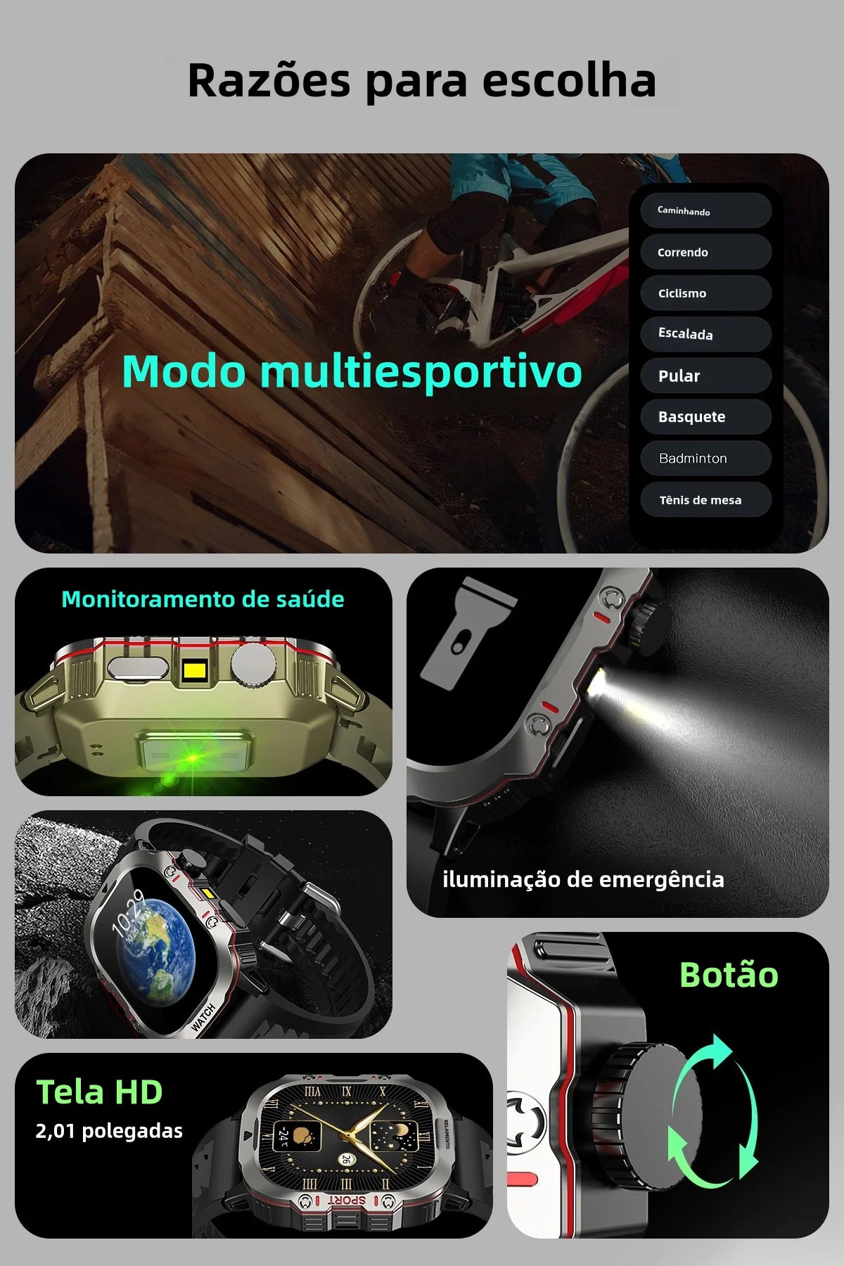Smartwatch Esportivo 2.01" com Monitor de Saúde e Chamadas Bluetooth