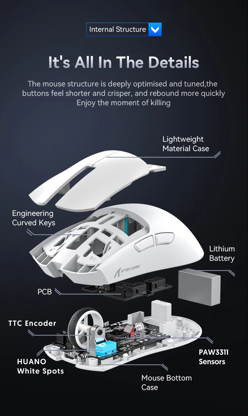 Mouse Gamer Attack Shark X11 Wireless - Conexão Tri-Mode 2.4GHz/Wired/Bluetooth PAW3311 22000DPI RGB para PC