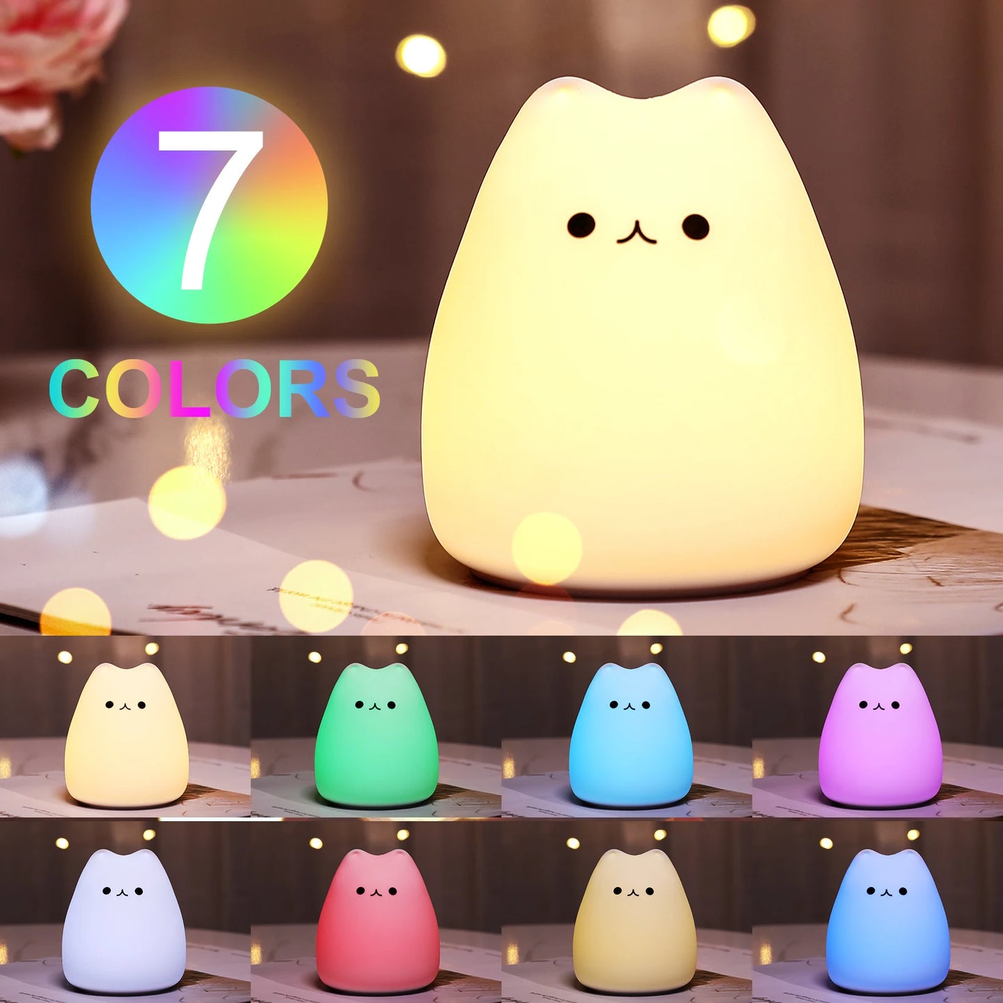 Luminária Noturna Kawaii de Gato – Toque para Troca de Cores, Proteção para os Olhos e Iluminação Suave