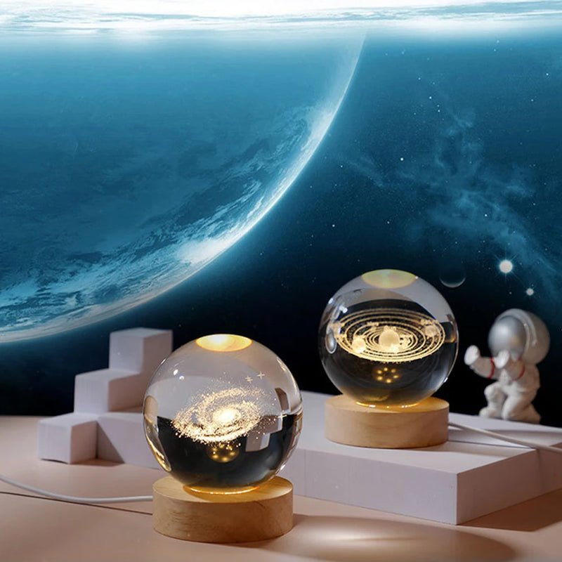 Lâmpada 3D Crystal Ball Única com Projeções de Galáxia e Planetas – Atmosfera Mágica para Seu Ambiente