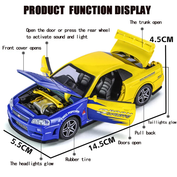 🚗 Miniatura GTR R34 Skyline 1:32 – Carro Colecionável de Liga Metálica | Modelo Fast & Furious | Brinquedo Decorativo