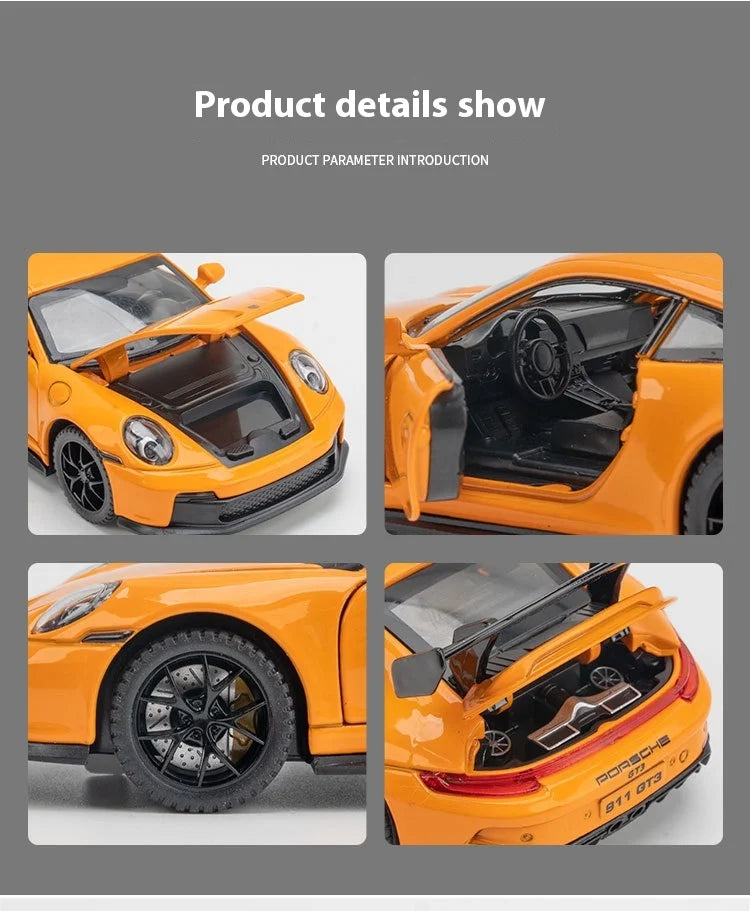 🏎️ Miniatura Porsche 911 GT3 RS 1:32 – Carro Esportivo de Liga Metálica com Som e Luz | Modelo Colecionável | Presente Infantil e Adulto