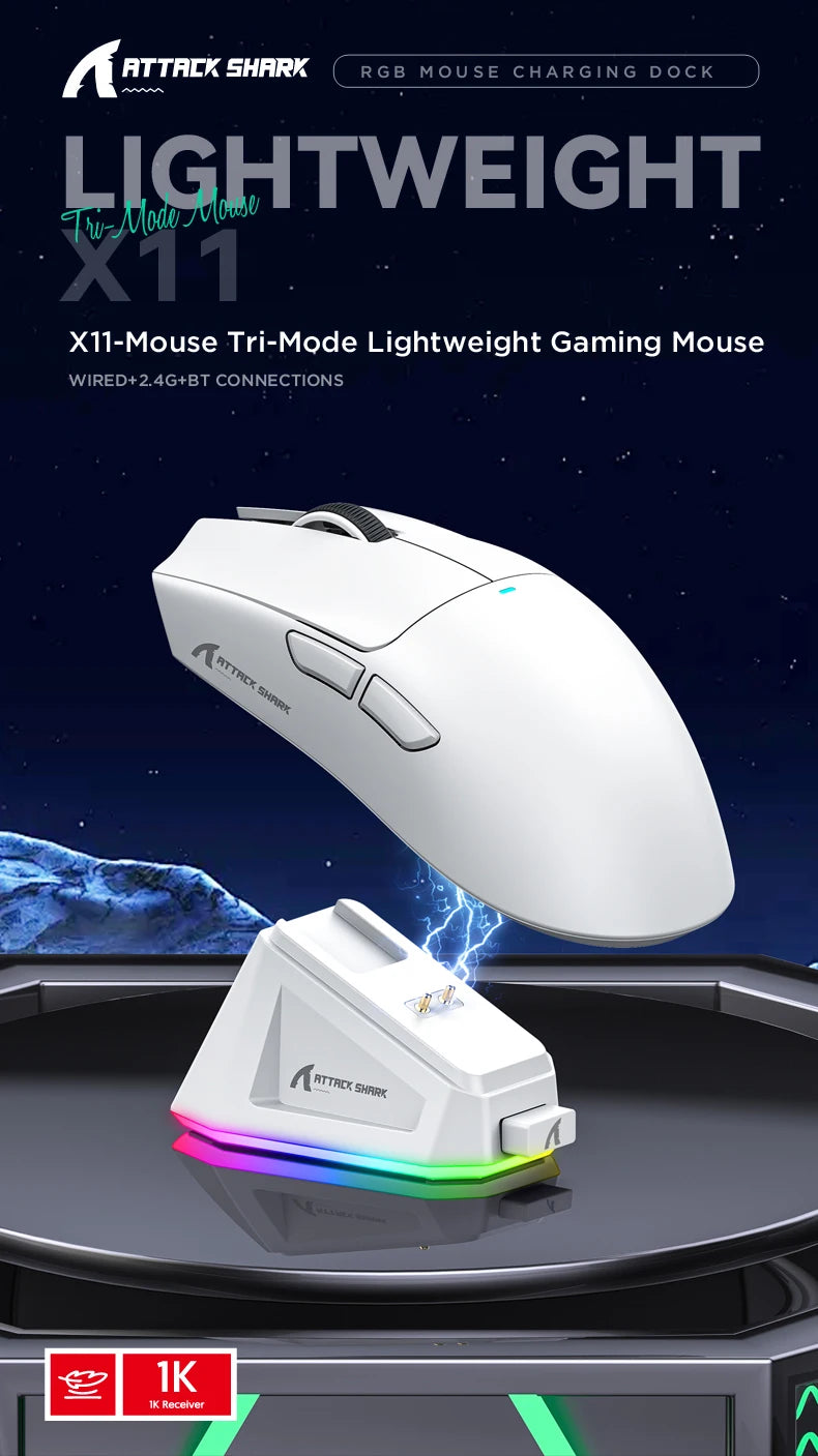 Mouse Gamer Attack Shark X11 Wireless - Conexão Tri-Mode 2.4GHz/Wired/Bluetooth PAW3311 22000DPI RGB para PC