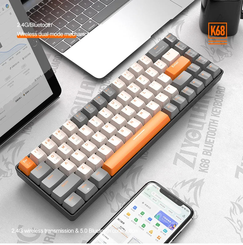 Teclado Mecânico Wireless 60% Ziyoulang – Dual Mode Bluetooth/USB, Hot-Swappable, 68 Teclas, Switch Vermelho, Para PC, PS4, Xbox, iPhone e iPad