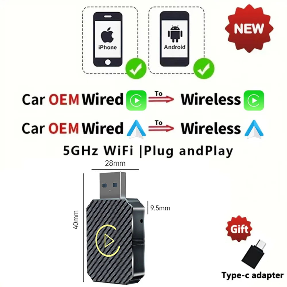 Adaptador 2 em 1 Wireless CarPlay e Android Auto – Conectividade Inteligente Plug &amp; Play para Seu Veículo