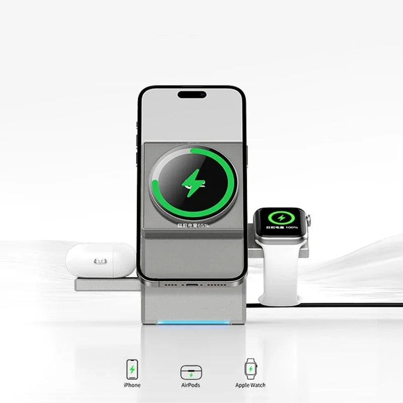 Carregador Sem Fio Magnético 3 em 1 Qi2 15W – Carregamento Rápido e Inteligente para iPhone, Android, Apple Watch e AirPods