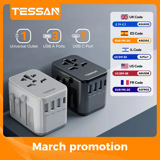 Adaptador Universal de Viagem TESSAN - Carregue seus Dispositivos em Qualquer Lugar!