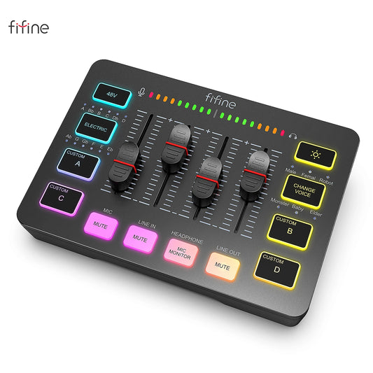FIFINE Gaming Audio Mixer – AmpliGame SC3 | Mixer RGB 4 Canais para Streaming, Podcast e Game Voice!
