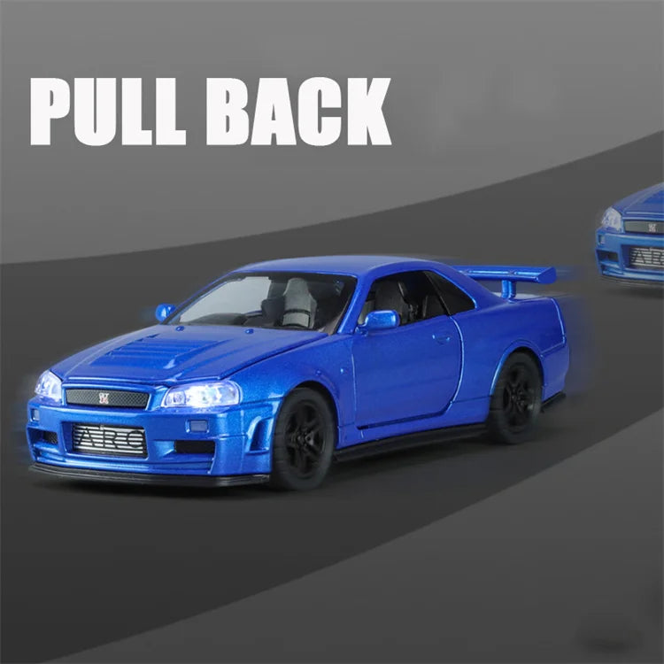 🚗 Miniatura GTR R34 Skyline 1:32 – Carro Colecionável de Liga Metálica | Modelo Fast & Furious | Brinquedo Decorativo