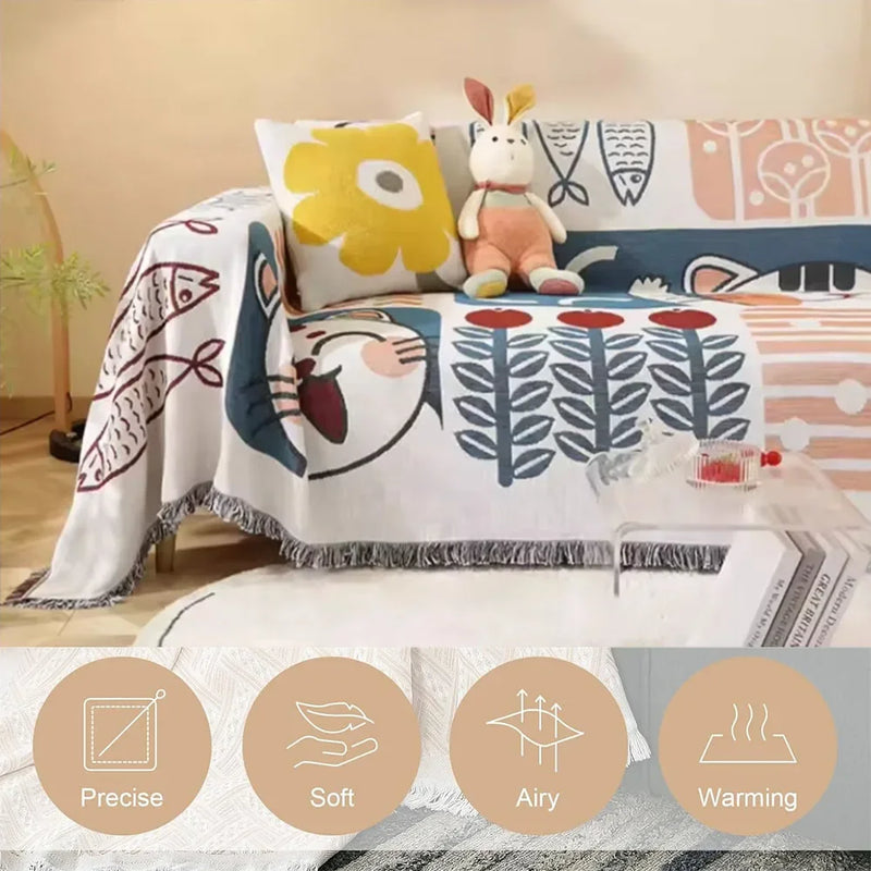 Cobertura de Sofá Trançada Dupla Face com Franjas - Cobertor Decorativo para Sofá e Móveis