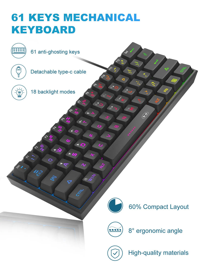 MageGee Mini 60% Gaming Keyboard – Teclado Compacto e Ergonômico com Retroiluminação RGB