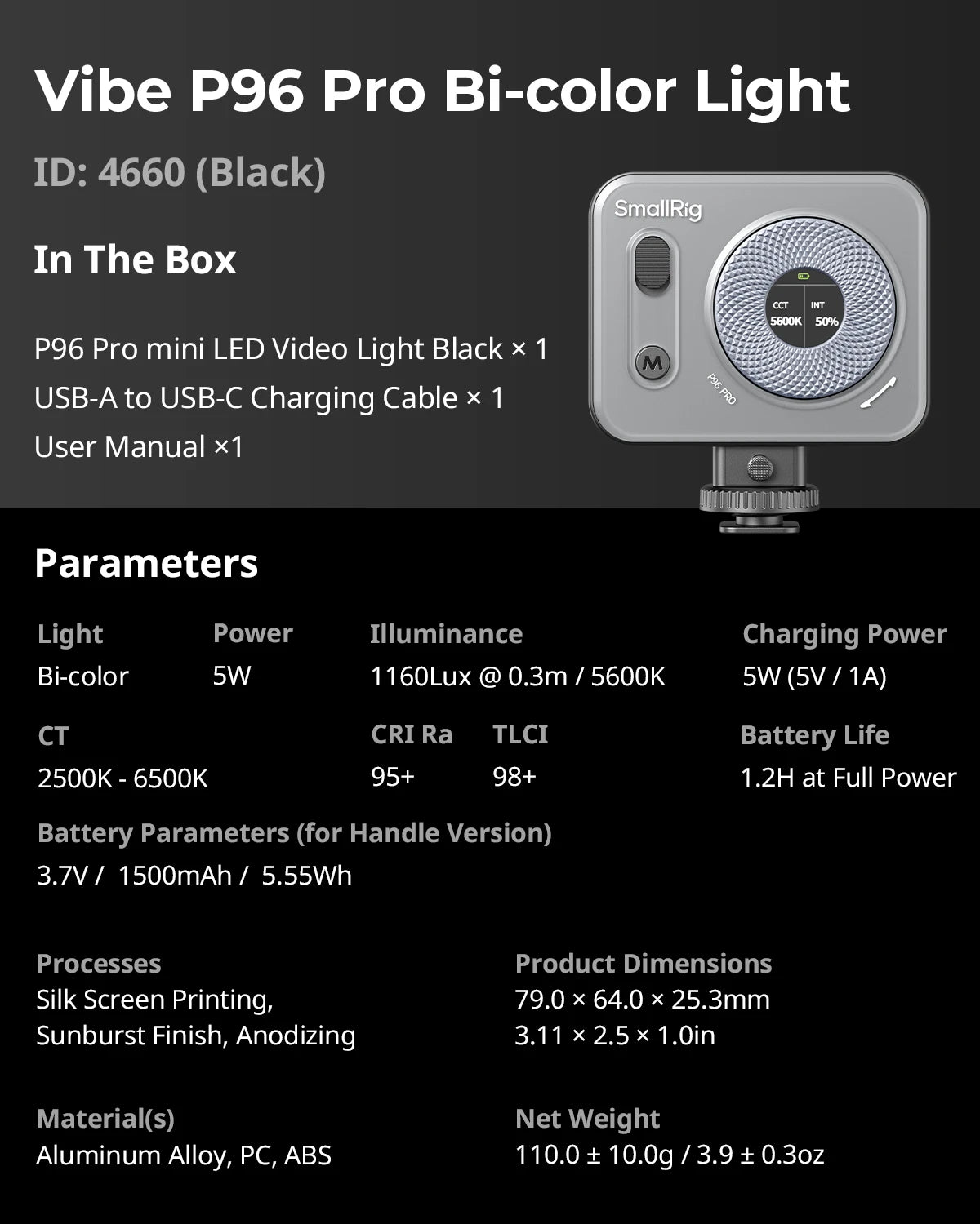 Mini Luz de Vídeo LED SmallRig Vibe P96 Pro - Iluminação Profissional para Fotografia e Vlogging!