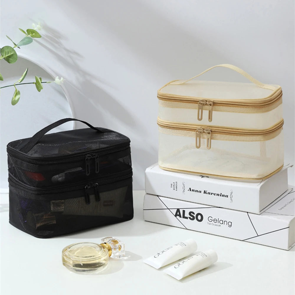 Double Layer Mesh Makeup Bag – Organização e Estilo em Cada Detalhe