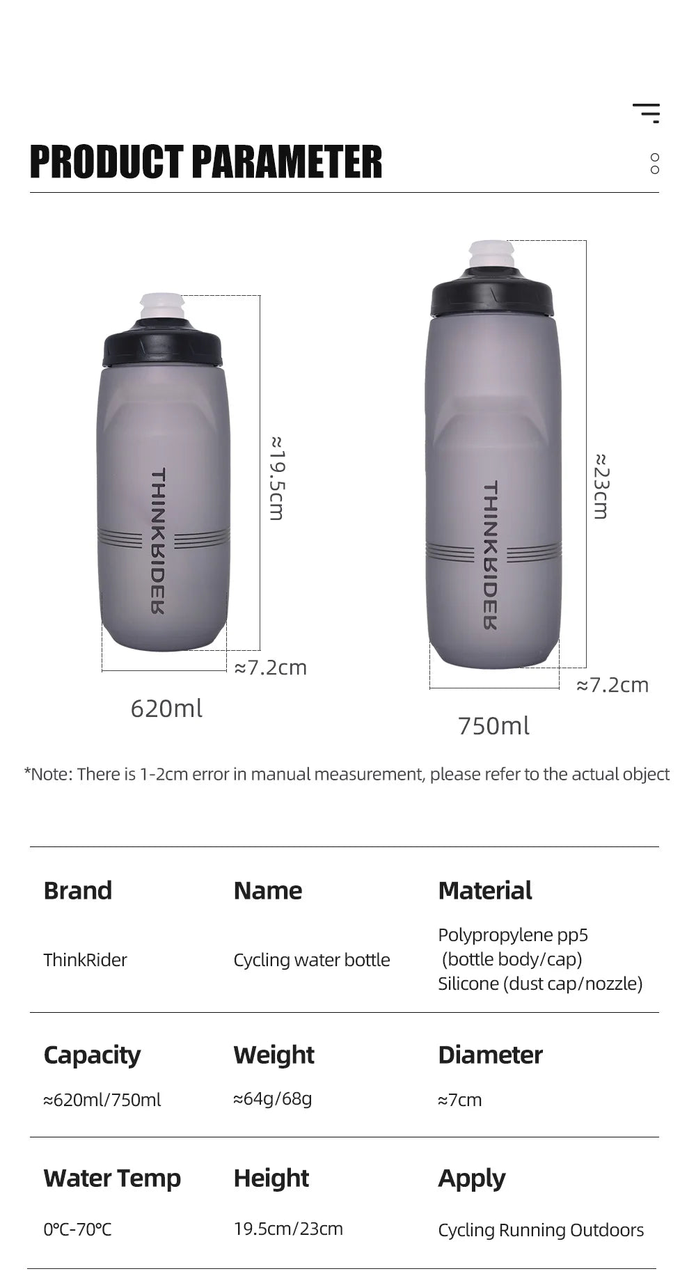 ThinkRider Garrafa de Água para Ciclismo – 620ml/750ml