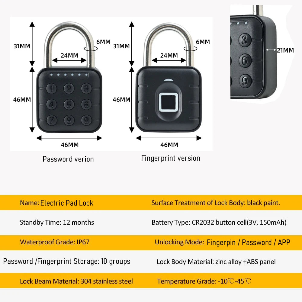 Cadeado Eletrônico Inteligente RAYKUBE SY-12 – Com Bluetooth, Leitor de Digital e Senha Temporária | Cadeado à Prova d’Água IP66 com Controle via App Tuya
