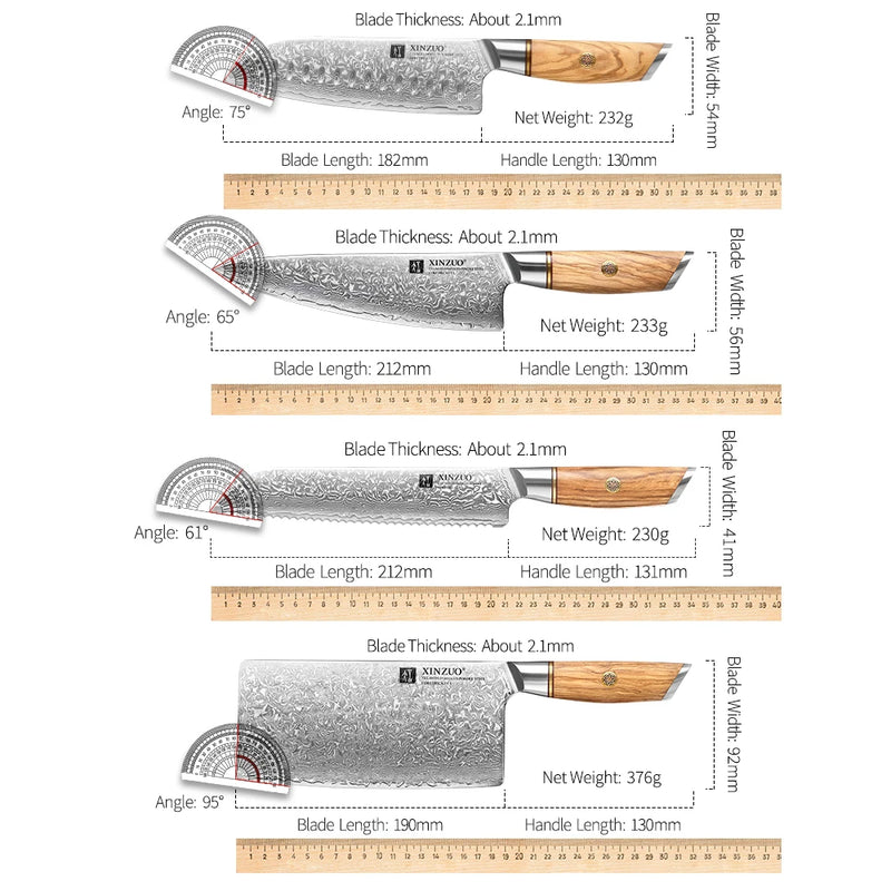 Kit de Facas XINZUO 1-8 Peças em Aço Damasco com Cabo de Madeira de Oliva – Precisão e Elegância para Sua Cozinha