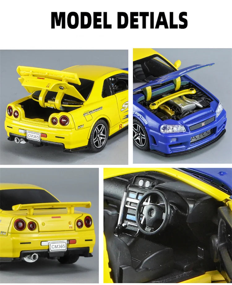 🚗 Miniatura GTR R34 Skyline 1:32 – Carro Colecionável de Liga Metálica | Modelo Fast & Furious | Brinquedo Decorativo