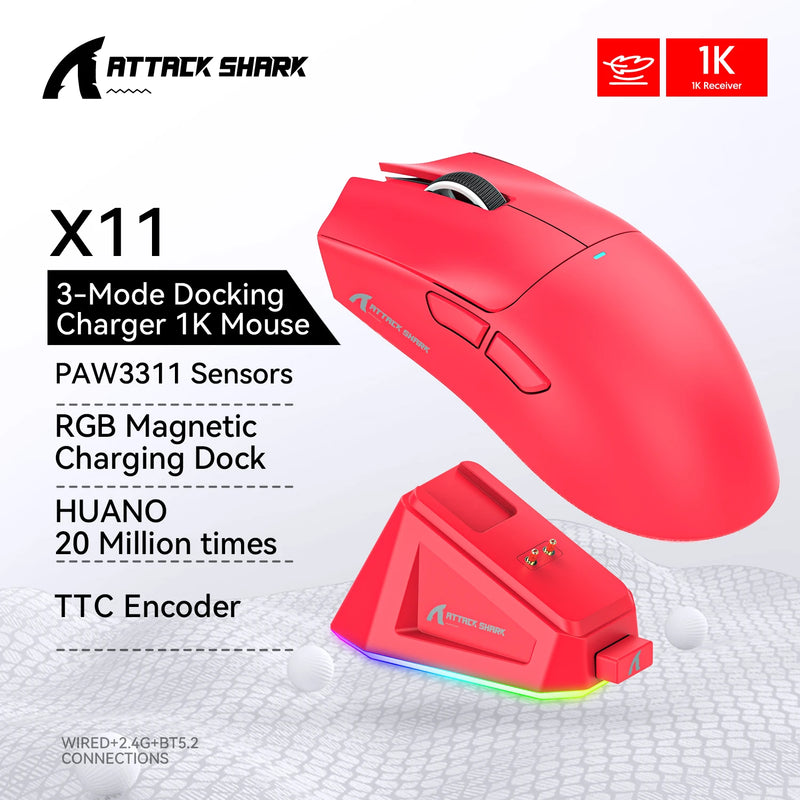 Mouse Gamer Attack Shark X11 Wireless - Conexão Tri-Mode 2.4GHz/Wired/Bluetooth PAW3311 22000DPI RGB para PC