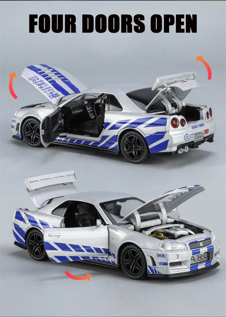 🚗 Miniatura GTR R34 Skyline 1:32 – Carro Colecionável de Liga Metálica | Modelo Fast & Furious | Brinquedo Decorativo