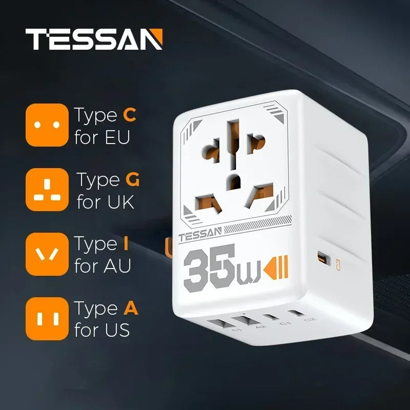 TESSAN 100W GaN Universal Travel Adapter – Carregue com Facilidade em Qualquer Lugar!