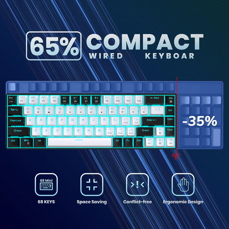 Teclado Mecânico 68 Teclas RGB – Switch Azul, Hot Swappable, Ergonômico para Jogos e Escritório