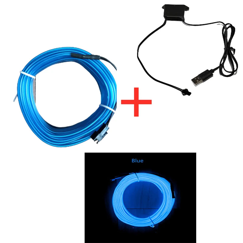 Fita de LED Neon Flex 5m com Conexão USB – Iluminação Interna Decorativa para Carros | 5V Flexível e DIY