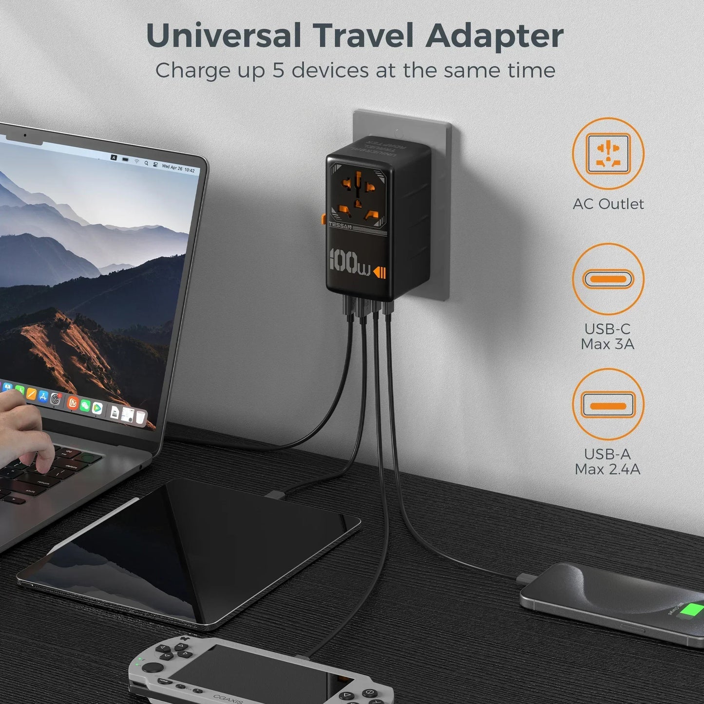TESSAN 100W GaN Universal Travel Adapter – Carregue com Facilidade em Qualquer Lugar!