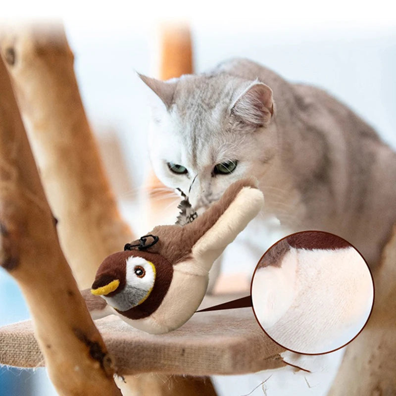 Brinquedo Interativo para Gato - Pássaro Recarregável com Som e Asas Batendo (sem voo), Ativado por Toque e Com Catnip