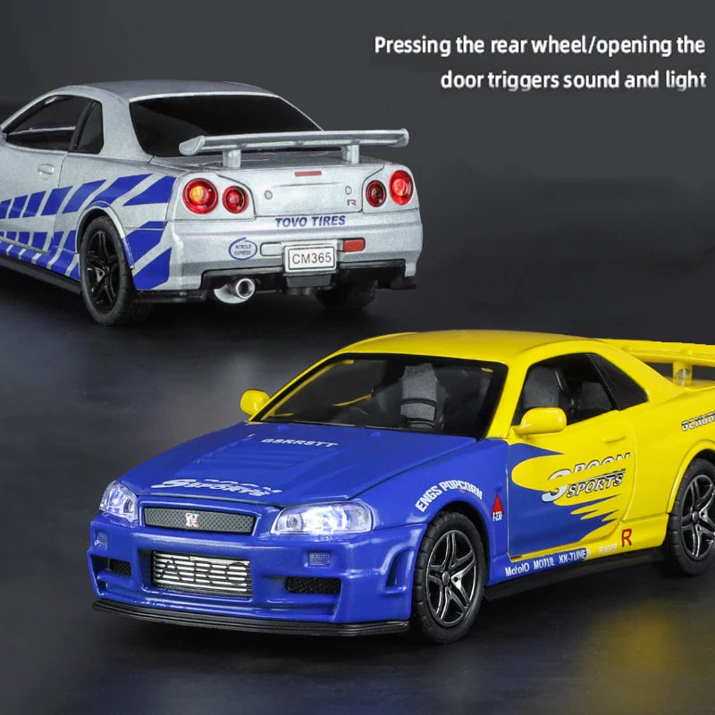 🚗 Miniatura GTR R34 Skyline 1:32 – Carro Colecionável de Liga Metálica | Modelo Fast & Furious | Brinquedo Decorativo