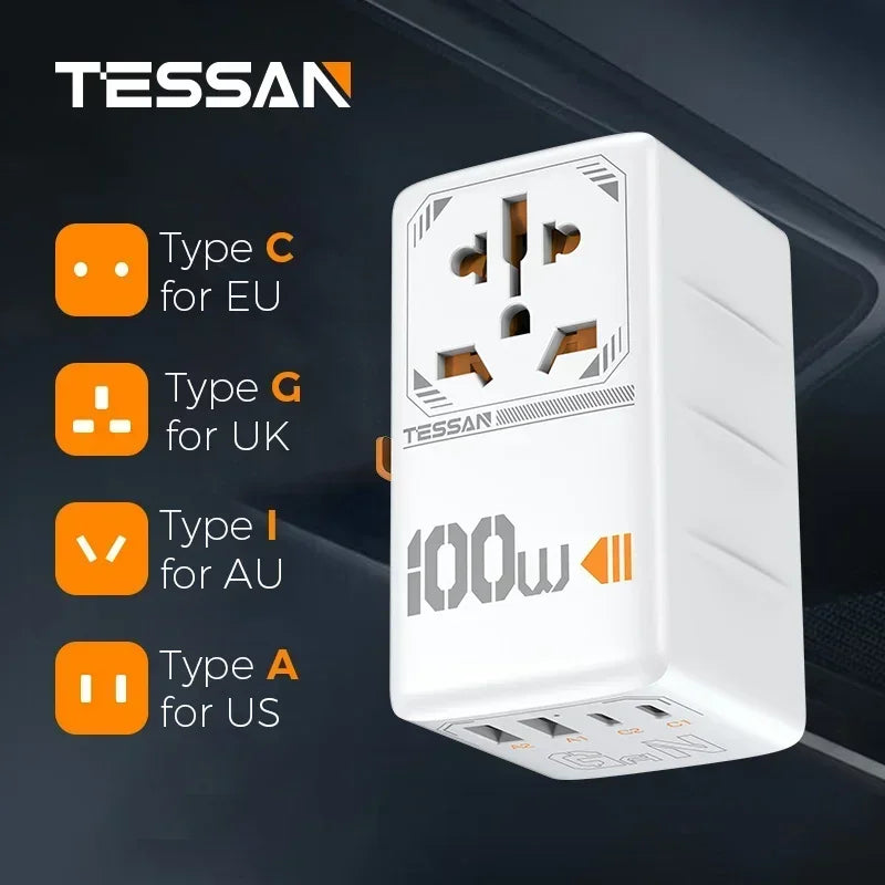 TESSAN 100W GaN Universal Travel Adapter – Carregue com Facilidade em Qualquer Lugar!